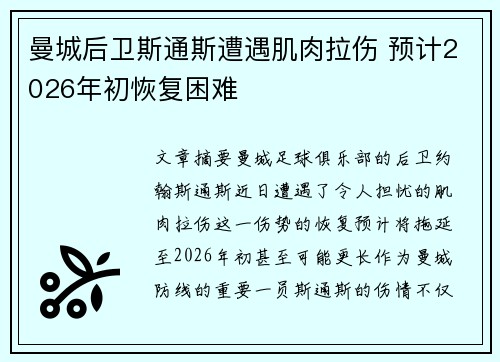 曼城后卫斯通斯遭遇肌肉拉伤 预计2026年初恢复困难
