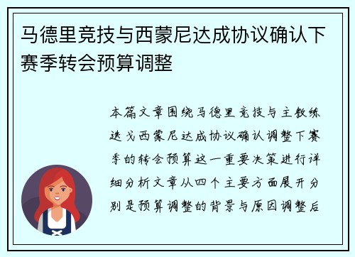 马德里竞技与西蒙尼达成协议确认下赛季转会预算调整